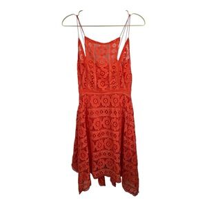 Free People Bohemian Lace Eyelet Orange‎ Handkerchief Midi Dress Size 8